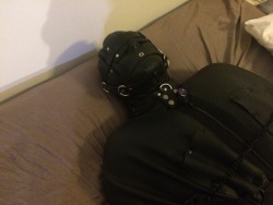 rbrlover:  Spent 7 hours padlocked inside my sleepsack locked in my holy trainer. Courtesy of DogcatcherVA 