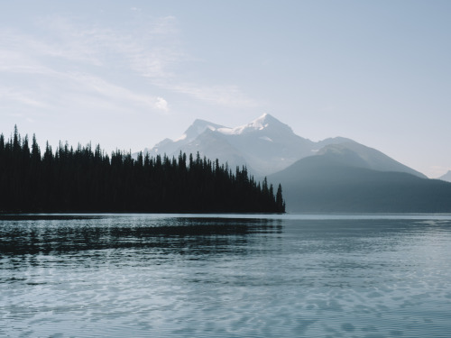 Canoeing to Spirit Island on Maligne Lake - Jasper National Park, Alberta, Canada.