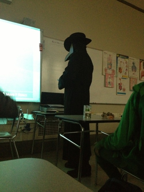 superpower-lottery:   hugjackman:  my fuckin health teacher came in as a plague doctor for halloween and proceeded to say nothing to us for the whole class. he did hit a few desks with a walking stick tho  how do you know it was your teacher 