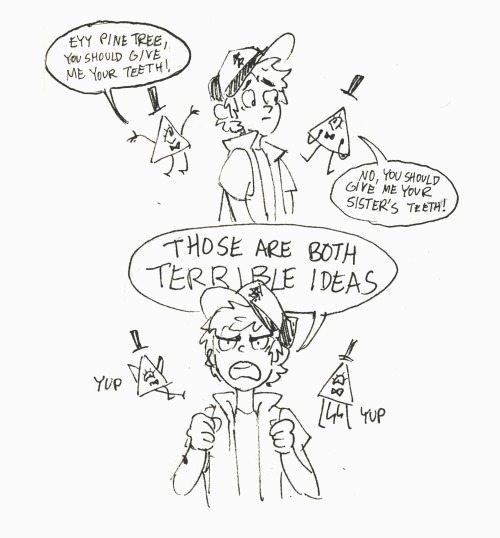 uovoc:  What if an episode where Dipper has to make a really hard decision but instead of an angel and a devil on either shoulder it’s Bill and also Bill