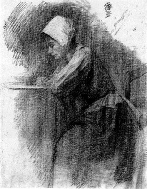 artist-mondrian: Girl Writing, 1895, Piet MondrianMedium: chalk,paper