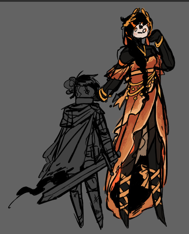 an unfinished concept sketch of falke and adler, falke is in a orange gown and adler is gray and wearing armor