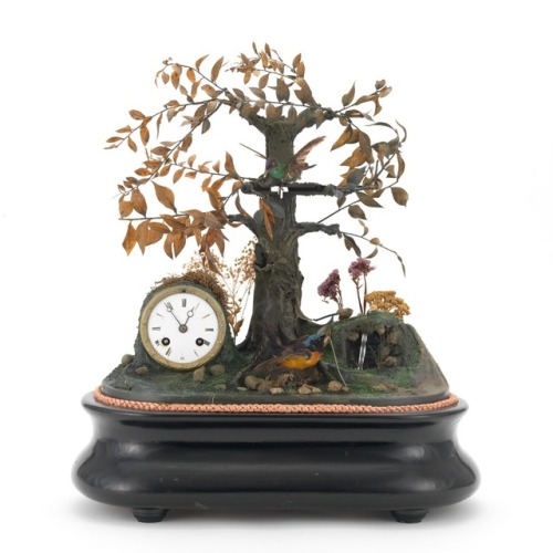 Tree & Two Birds Animated Clock c. 1890 Under a glass dome; two birds near a small waterfall. On