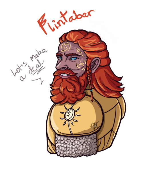 A character of one of my players in Curse of Strahd. He’s a dwarven cleric of Waukeen - goddess of t
