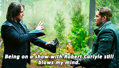 rumplestiltskin:  It happened mostly in the second episode when we did the jail scene together, it was our first scene as Rumple and The Queen…and I remember having a moment where I flugged a line and I went Oh! and he just looked at me and he goes