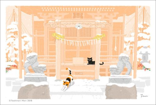 猫好きイラストレーター「もり としのり」が描く〜四季を旅する猫〜『たびねこ』のイラスト「南天神社」です。雪の神社で狛犬と同じポーズをとる三毛猫とそれを見る黒猫を描きました。たびねこminne店にてイラ