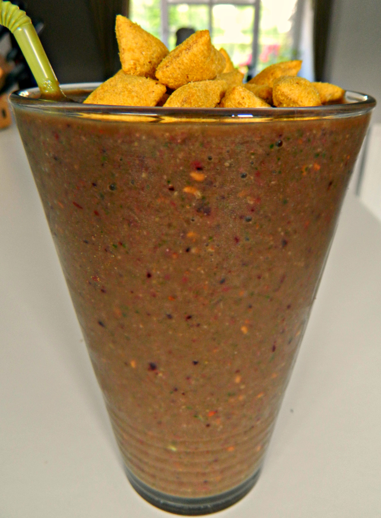 Smoothie Day #…uh, I’ve forgotten how many days I’ve done this now, haha!
Kale, spinach, romaine, cucumber, raspberries, frozen mixed berries, honey, flaxseed and almond milk smoothie topped with chocolate Krave cereal because why not? :D
It’s my...