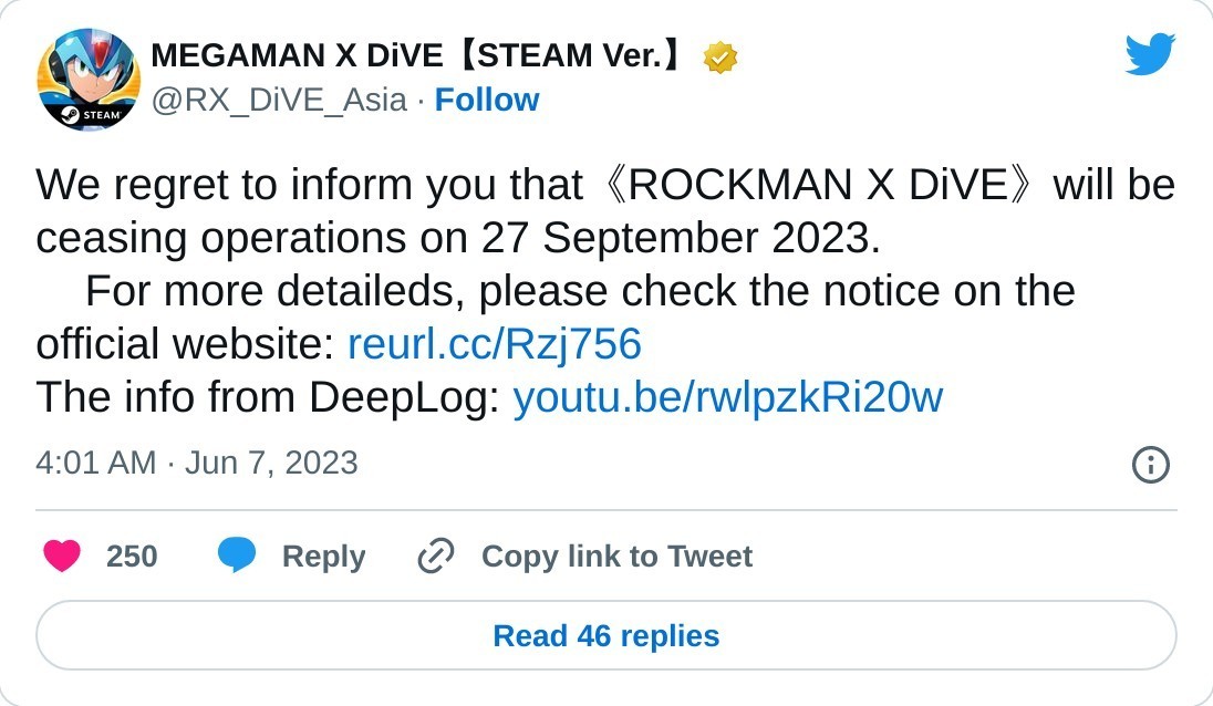 ROCKMAN X DiVE leaving Steam, shutting down on September 27th