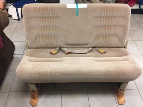 shiftythrifting:  I work in a thrift store and this showed up recently. We named it Footy McVanseat.