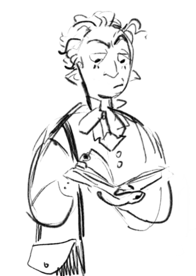 a digital doodle of Hamid from RQG from the waist up, flipping carefully through a hardback book with an incredibly dubious and disdainful expression