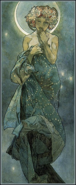 crimsonkismet:Alphonse MuchaThe Moon and the Stars: study for ‘The Moon' (1902)Ink and watercolor on