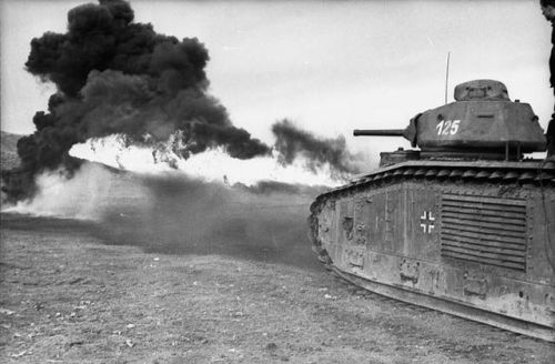 captain-price-official:A captured and repurposed French Char B1, converted to a flame tank in action