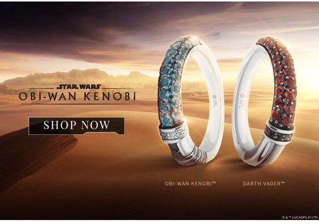 Official Star Wars jewellery for the Obi-Wan Kenobi show. Two lightsaber rings are shown, one like Obi-Wan's, the other like Vader's.