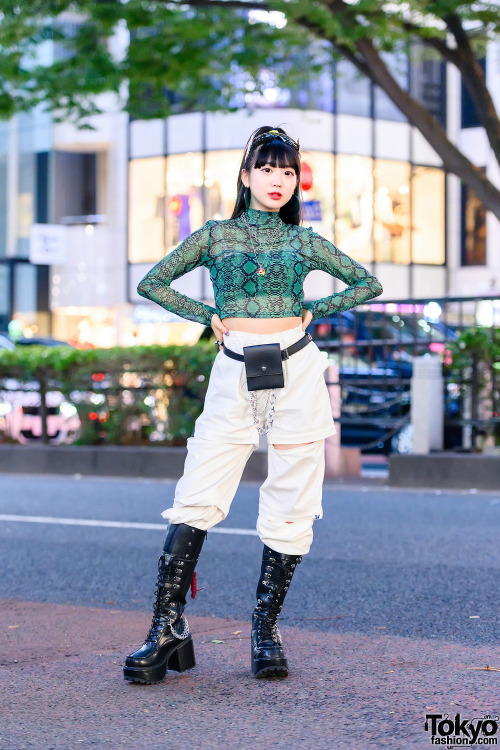 Japanese x Korean WEGO Harajuku staffer Misuru on the street in Harajuku wearing a snakeskin croptop