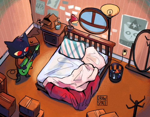 infernallegaycy:drawspace:mae’s room[id: three illustrations of mae in her room. her room is small a
