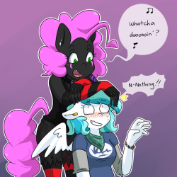 lucidlarceny: darkfiretaimatsu:  lucidlarceny: Squeaky: D-don’t sneak up on ponies like that @darkfiretaimatsu!! A pony could be, well.. doing.. anything!! If you’re not doing anything, I’m just going to lean on you for a while! I’m the stealth