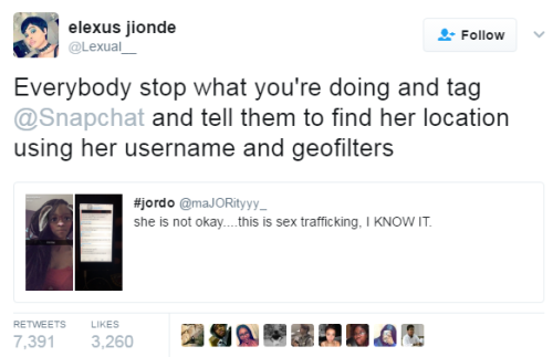 cosmic-noir:  reginaxr0se:  rosyprncss:  lagonegirl:  please get on this! Protect Black Girls! We as community have to look after each other.  She said that she was at a hotel in LA. People on Twitter were able to track her IP address and later found