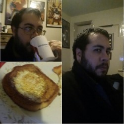 Wearing coat white eating #egginabasket while drinking tea in order to watch the new#sherlock episode