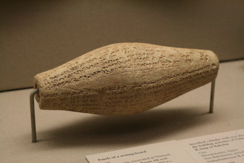 Inscribed cylinder with text describing the building activities of Nebuchadnezzar II, king of Babylo