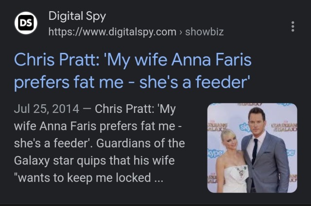 kolkhozmilf:kolkhozmilf:It’s wild that Chris Pratt is super famous and the modern-day face of conservative Evangelicals when a decade ago he was just Anna Faris’ feedee husbandI’m not kidding