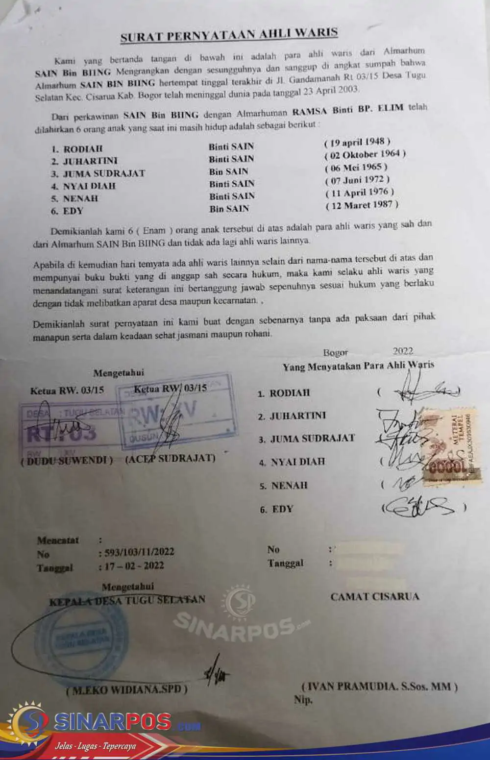 Tim Khusus Desak Pengusutan Tuntas Kasus Dugaan Penyerobotan Tanah dan Tindakan Kekerasan di Desa Cibereum, Bogor: Mafia Tanah Harus Diberantas