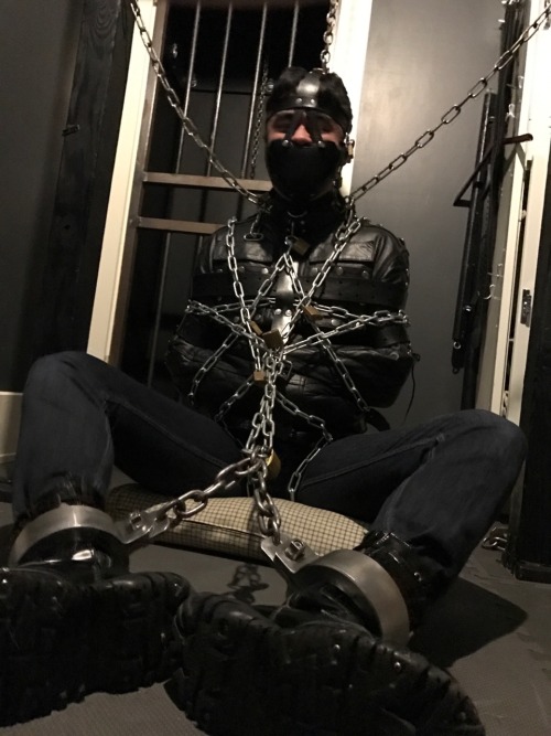 seabondagesadist: Long term bondage game!  The game called for six hours in the straightjacket… It turned into six hours in the straightjacket and chains…  @lostinsea88 agreed to spend six hours in the straightjacket. Hour number one began with heavy