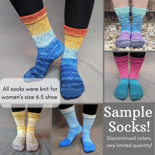 Sample sock sale! We have dozens of pairs of socks in discontinued colorways. All of these socks wer