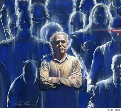 polygonalfish:  jazzhandscomics:  Jack Kirby by Alex Ross Today is the King’s 100th birthday and today we remember the man who shaped American comics.  He looks like he’s gonna use his ghostly army of superheros to kick my entire ass 