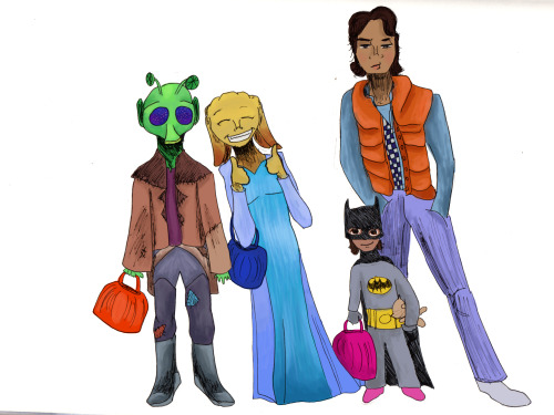 Bane’s kids dressed up for Halloween (as “Papa Cad”, Elsa, Batman, and Marty McFly)