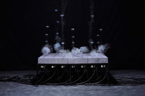 itscolossal:A Grid of Audio Speakers That Shoots Fleeting Patterns of Fog by Daniel Schulze [VIDEO]