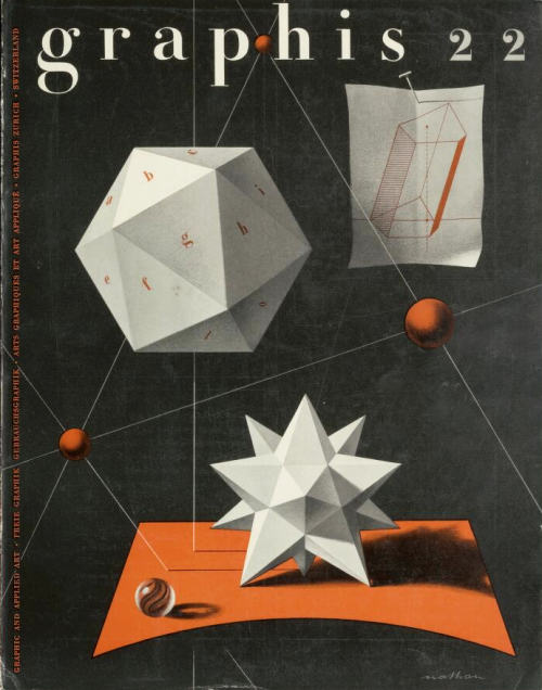 Jaques Nathan, polyhedra cover design for Graphis magazine, 1948. Switzerland. Via magazines.iaddb.o