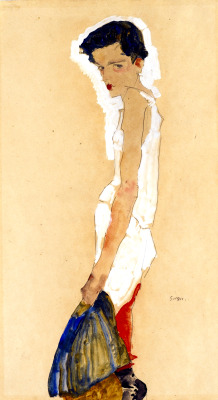 dappledwithshadow:   Egon SchieleSICH ENTKLEIDENDES MÄDCHEN (GIRL UNDRESSING) Dimensions:  22 X 12 in (55.88 X 30.48 cm)Medium:  Gouache, watercolor and pencil on paperCreation Date:  1911 