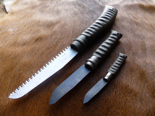 jeffzie:  ru-titley-knives:  Opinel trio now complete ,  well apart from the sheaths obviously .  Custom knives , sheaths and gear from rtknives@hotmail.com  Nice custom work.