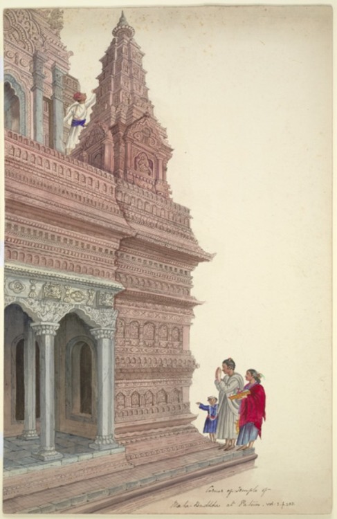 Watercolour of part of the Mahabouddha temple at Lalitpur (Patan) in Nepal, by Henry Ambrose Oldfiel