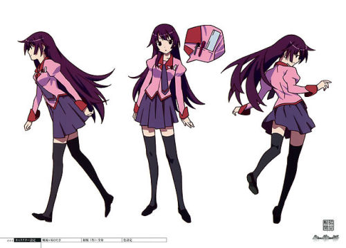 artbooksnat:  Character designs and costumes for Hitagi Senjougahara in Bakemonogatari (化物語) illustrated by Akio Watanabe.