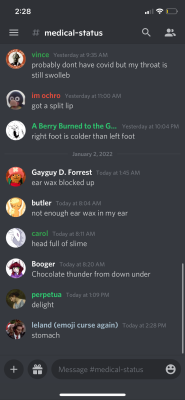 foreverial:every single server with a “vent channel” is awkward, creepy and toxic so i came up with the idea of a “medical status” channel which i didn’t even have to write rules for everyone just read my mind and is perfectly using it as intended
