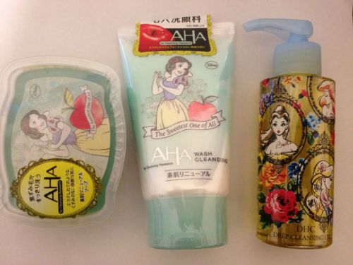 Japanese skin care items featuring disney princesses. First item is AHA by Cleansing research e