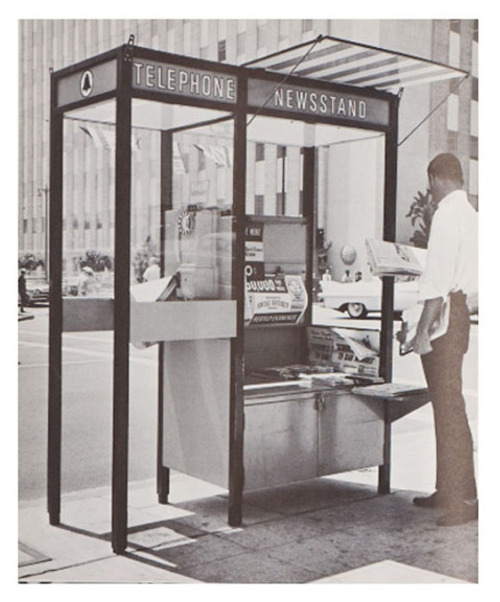 Henry Dreyfuss, Phone booth and Newsstand, late 1950s. Los Angeles, USA. From Industrial Design Volu