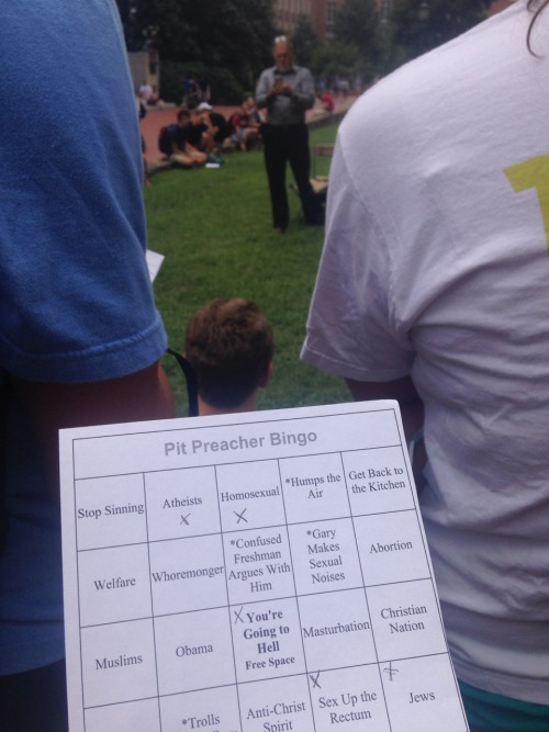budacub:tigermisu:There’s this guy that rants everyday about how everyone is sinners at our college and someone made a bingo game to go along with him today   This would have been wonderful growing up when my parents brought me to church