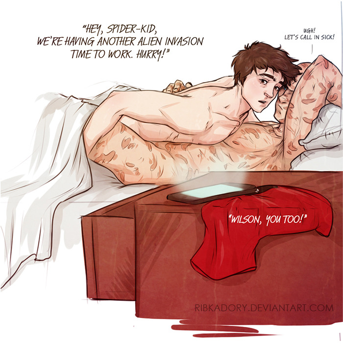 ribkadory:  In a hurry - Spideypool by ribkaDory That’s what happens when you try