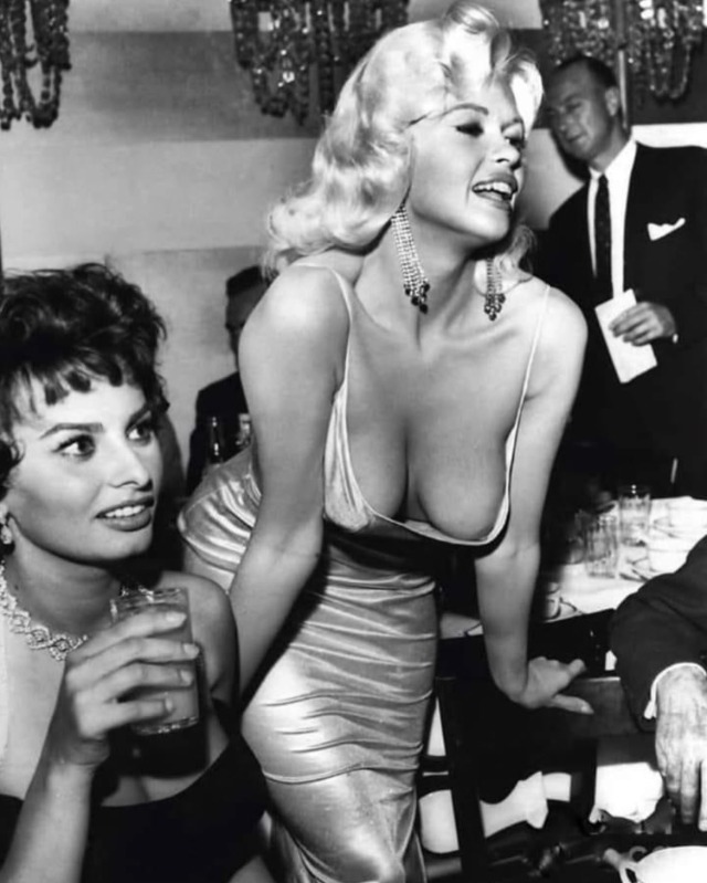 Sophia Loren and Jayne Mansfield at Romanoff's - Beverly Hills, California in 1957.