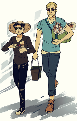 erwinoutfitters:  i had this hollywood eruri au i wanted to write, but i’m lazy so here’s actor-turned-director erwin smith and his eccentric screenwriter/novelist boyfriend. they have a little shih tzu puppy that erwin named mike (after an actor