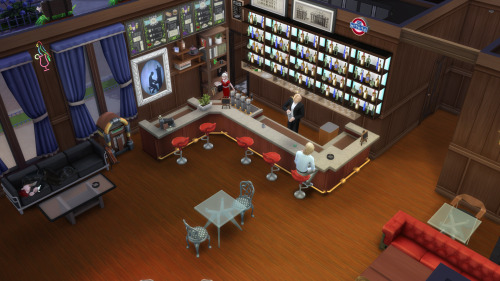 arial view of the HOMRA bar remade in the sims 4, with mikoto sleeping on the couch, kusanagi making drinks, tatara sitting at the bar, and anna walking out from the kitchen behind the back wall of the bar