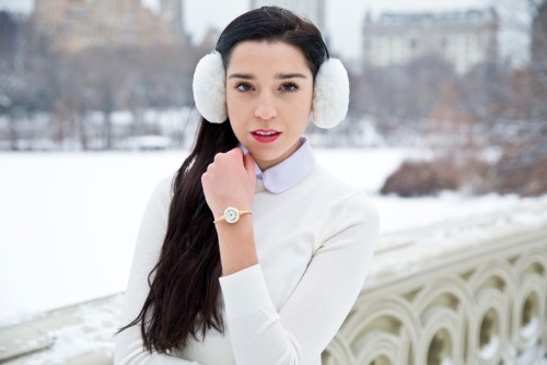 americanapparel:  Alanna in a winter wonderland wearing the Poplin Round Collar Short Sleeve Button-Up in White, Ponte Sleeveless Skater Dress in White, the Unisex Earmuffs in White, the Lightweight Crop Sweater in Creme and the Sparkle Pantyhose in White