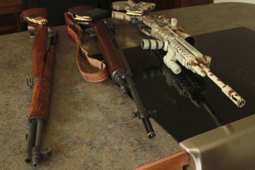 killthechallenge:  Giving some love and TLC to an old little collection: A modern M1A and one of the more original models that made it through much of the Vietnam War, as well as their predecessor, the M1 Garand. 