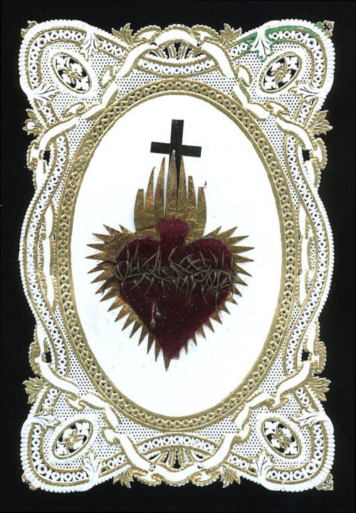 roses–and–rue:19th century French religious card with sacred heart