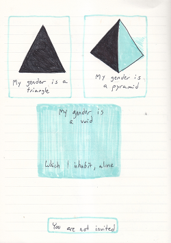 vagrats:  “my gender is a triangle”; 3am gender journals/comics… if my work resonates with you i encourage you to take some time to reflect/create your own work relating to your identity that expresses your own experiences and feelings in your own