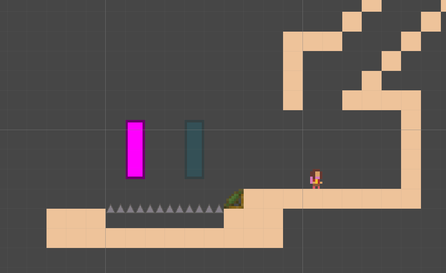 A scene in my platformer prototype. Playing around with spikes, bounce pads, and phasing blocks.