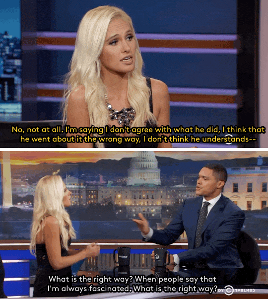 refinery29: Watch: Trevor Noah asked conservative host Tomi Lahren how Black people in the USA *should* air their grievances and she couldn’t come up with anything Trevor Noah just conducted one of his most impressive interviews to date, with one of
