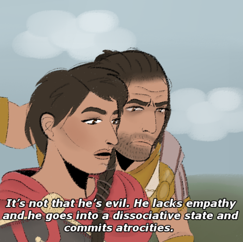 protagonist kassandra defending her lil bro deimos to get the good ending like…(quote is from